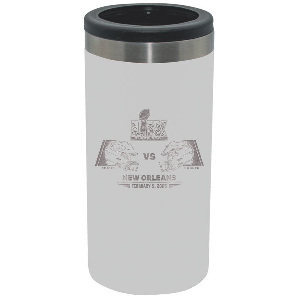 12oz White Slim Can Holder, Etched, Super Bowl 59, Chiefs vs. Eagles, 2025
