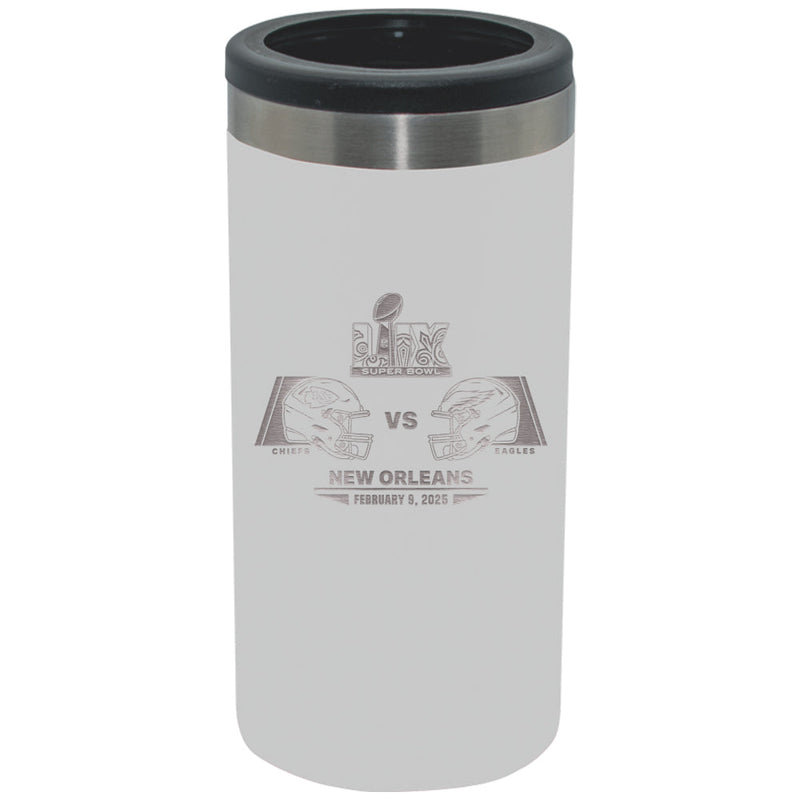 12oz White Slim Can Holder, Etched, Super Bowl 59, Chiefs vs. Eagles, 2025