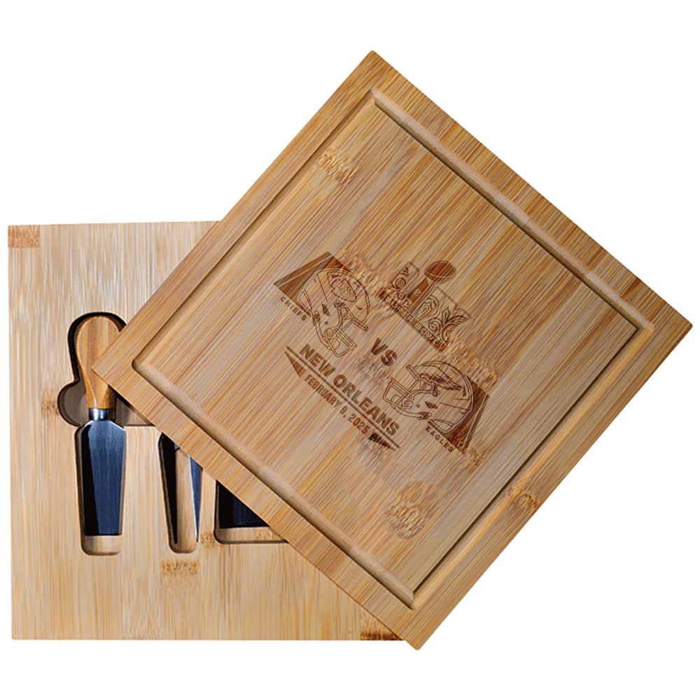 Bamboo Cutting Board with Utensils, Etched, Super Bowl 59, Chiefs vs. Eagles, 2025