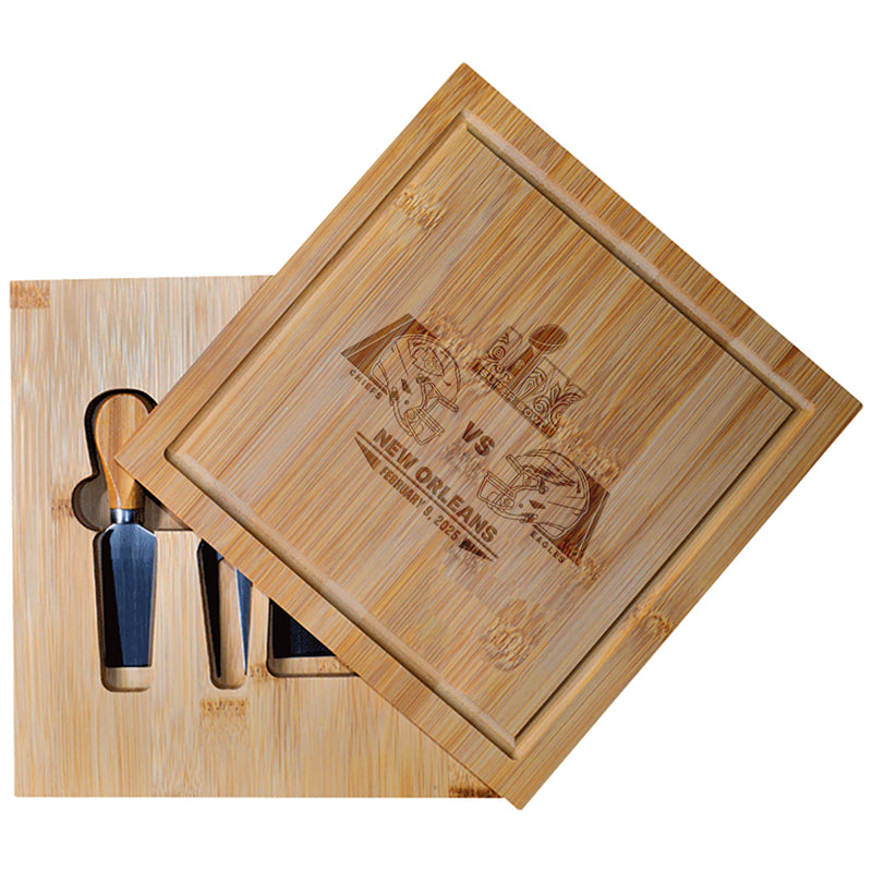 Bamboo Cutting Board with Utensils, Etched, Super Bowl 59, Chiefs vs. Eagles, 2025