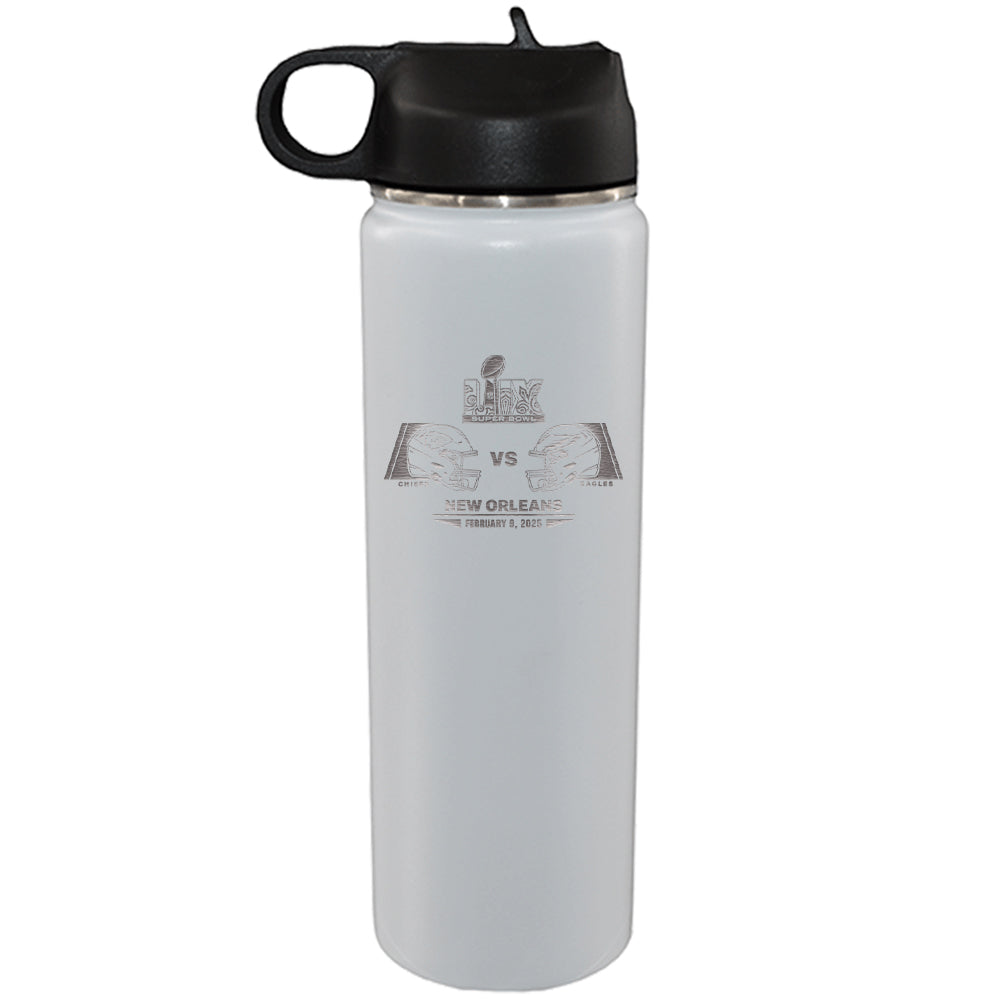 22oz White Water Bottle, Etched, Super Bowl 59, Chiefs vs. Eagles, 2025