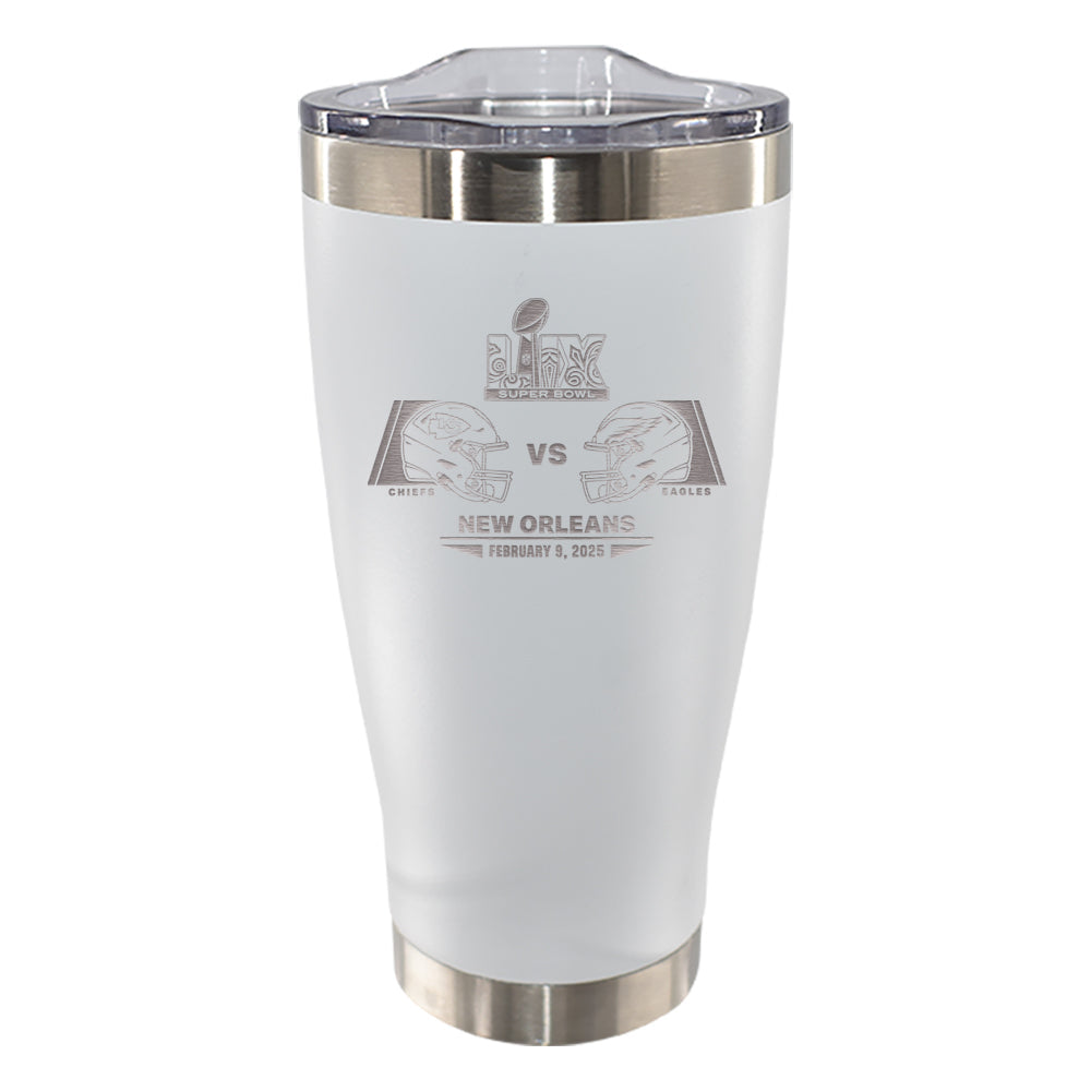 20oz White Tumbler, Etched, Super Bowl 59, Chiefs vs. Eagles, 2025
