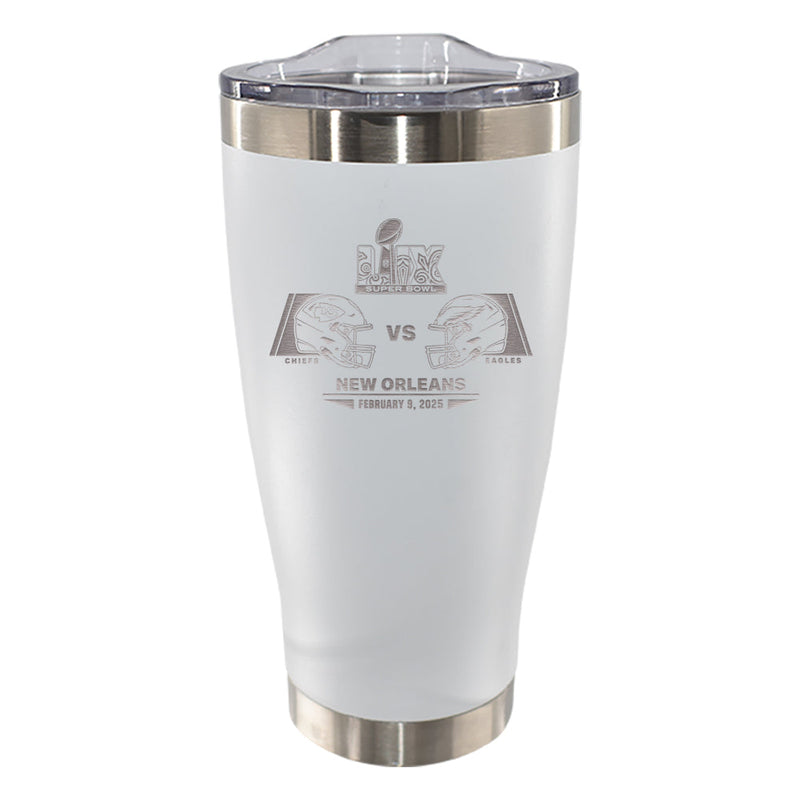 20oz White Tumbler, Etched, Super Bowl 59, Chiefs vs. Eagles, 2025