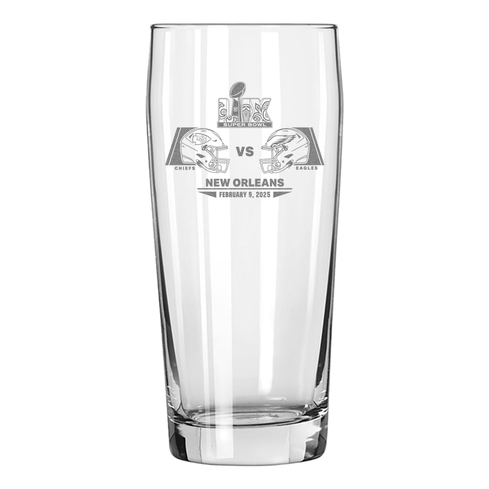 16oz Pub Pilsner Glass, Etched, Super Bowl 59, Chiefs vs. Eagles, 2025