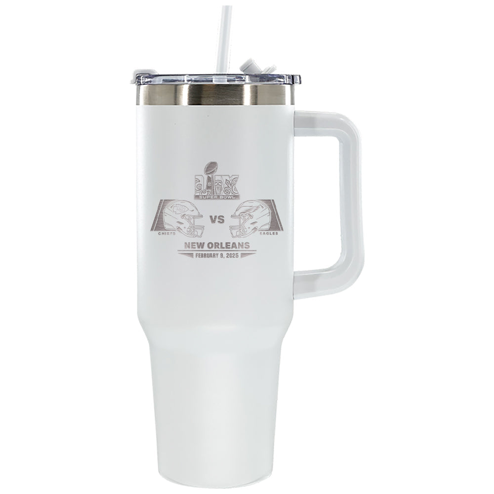 40oz White Colossal Tumbler, Etched, Super Bowl 59, Chiefs vs. Eagles, 2025