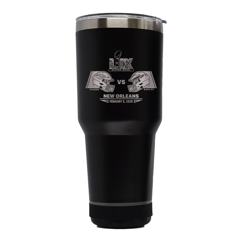 30oz Black Bluetooth Tumbler, Etched, Super Bowl 59, Chiefs vs. Eagles, 2025