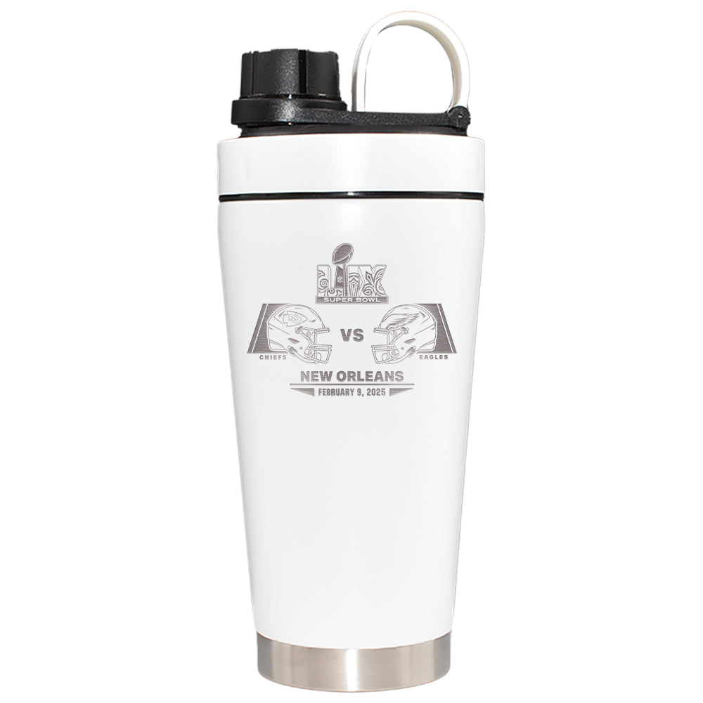 22oz White Beverage Blender Bottle, Etched, Super Bowl 59, Chiefs vs. Eagles, 2025
