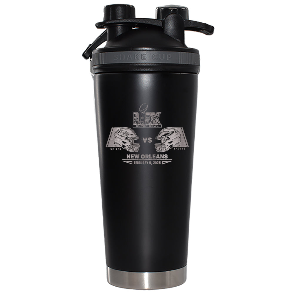 24oz Black Beverage Shaker Bottle, Etched, Super Bowl 59, Chiefs vs. Eagles, 2025