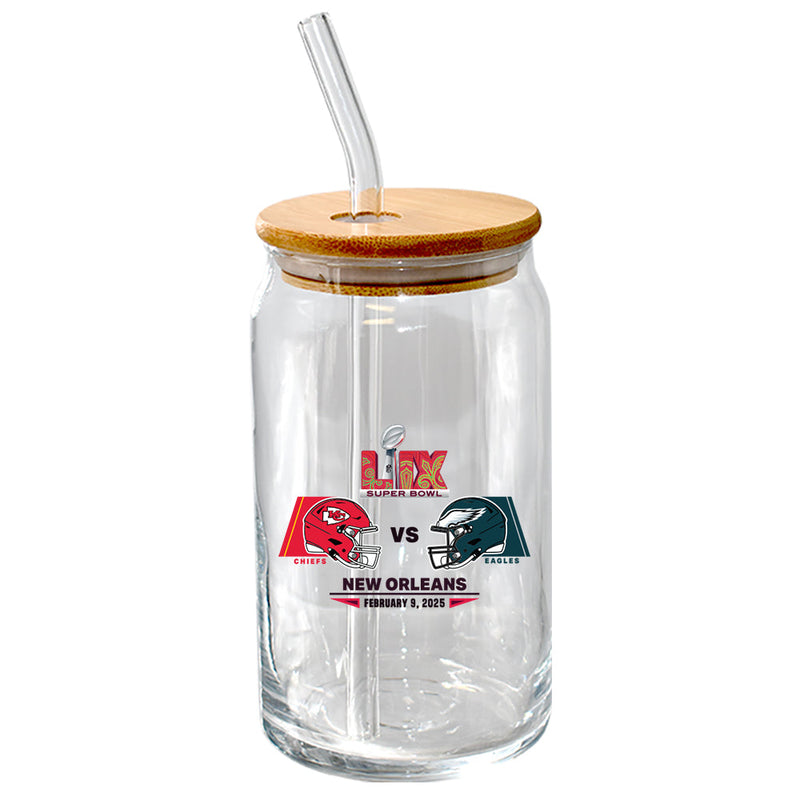 16oz Glass Tumbler with Bamboo Lid, Direct Print, Super Bowl 59, Chiefs vs. Eagles, 2025