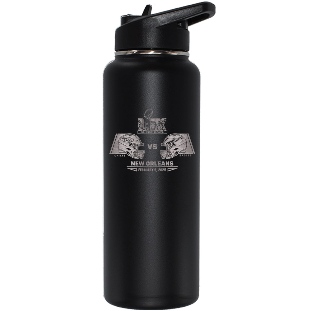 34oz Black Quencher Bottle, Etched, Super Bowl 59, Chiefs vs. Eagles, 2025
