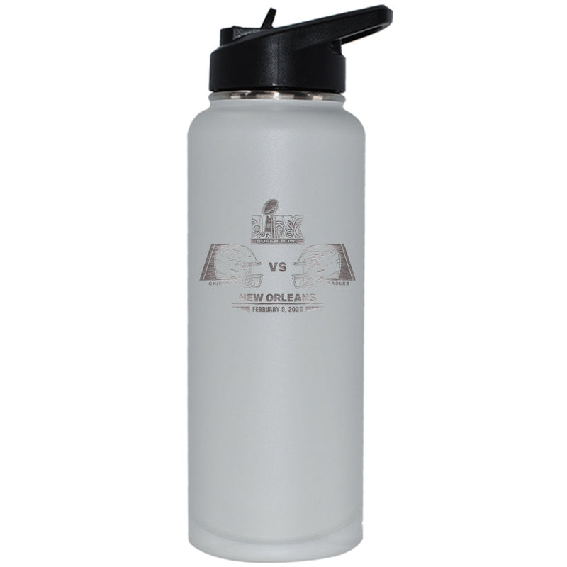 34oz White Quencher Bottle, Etched, Super Bowl 59, Chiefs vs. Eagles, 2025