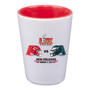 2oz White Shot Glass with Red Inner Color, Super Bowl 59, Chiefs vs. Eagles, 2025