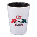 2oz White Shot Glass with Black Inner Color, Super Bowl 59, Chiefs vs. Eagles, 2025