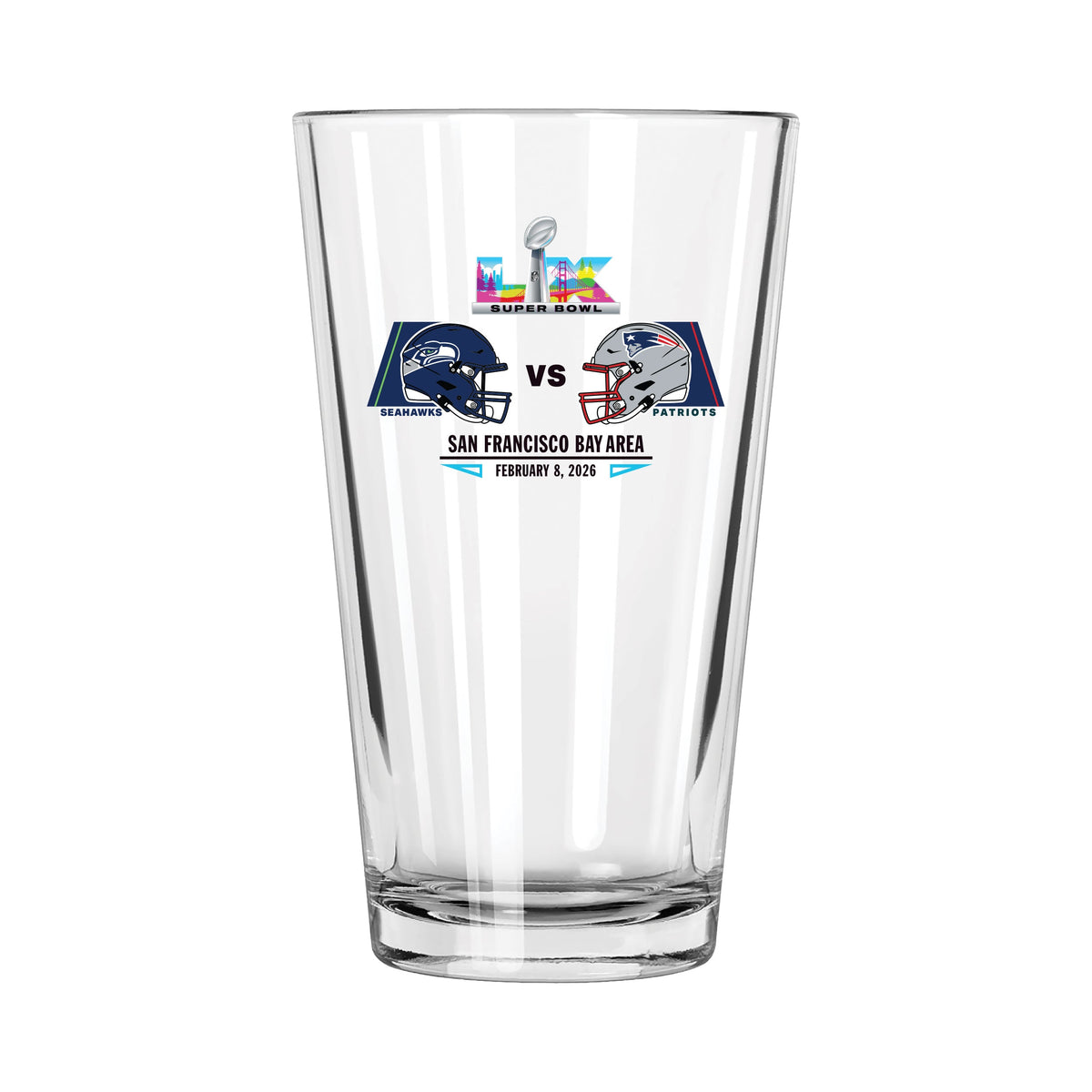 16oz Pint Glass, Direct Print, Patriots vs. Seahawks, Super Bowl 60, Dueling, 2026
