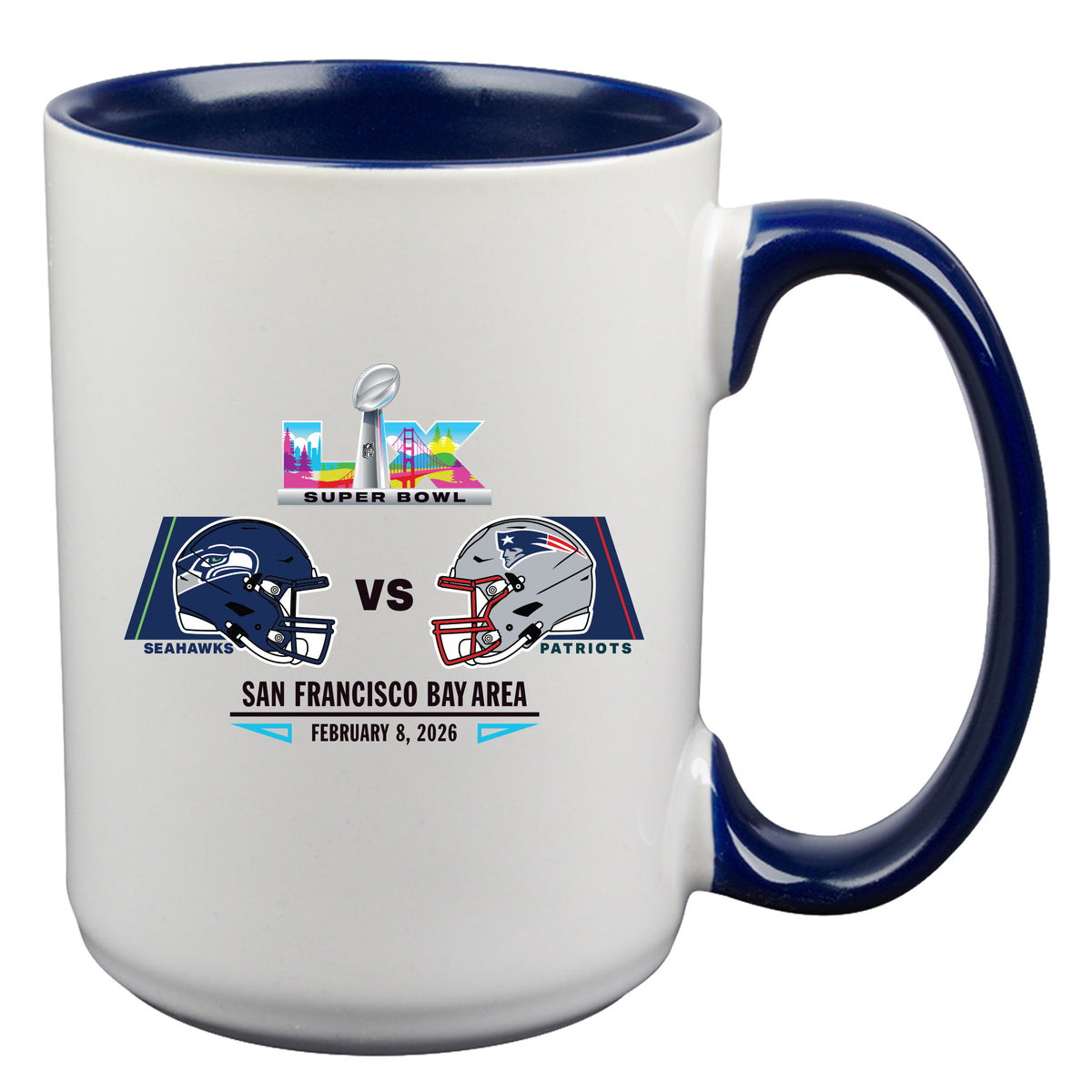 15oz White Mug with Navy Inner Color, Sublimation, Patriots vs. Seahawks, Super Bowl 60, Dueling, 2026
