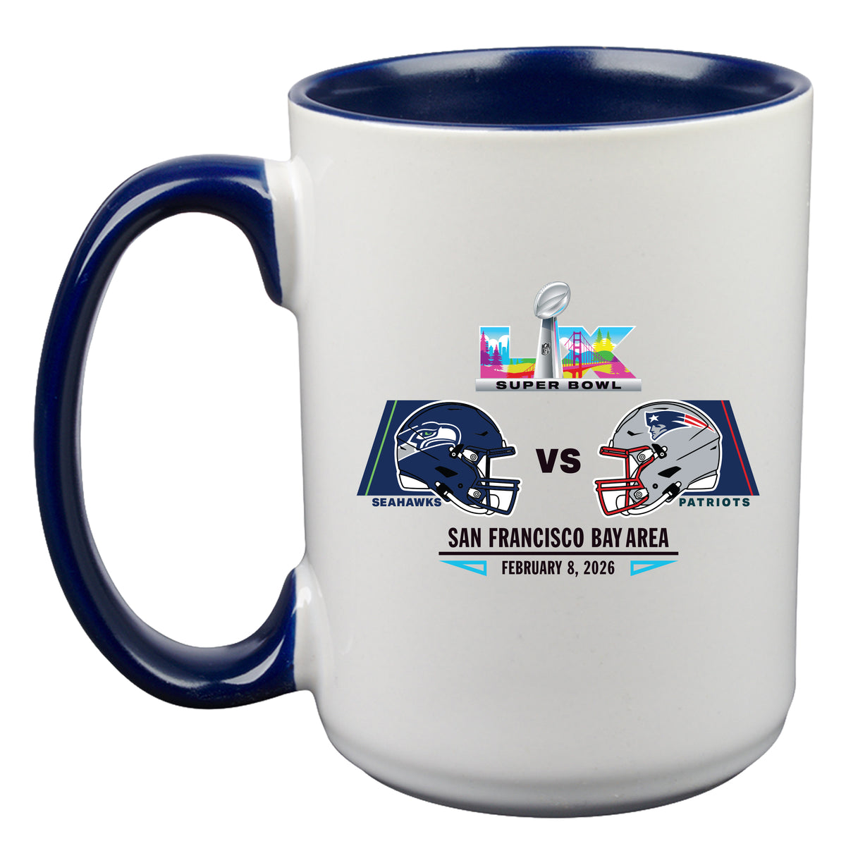 15oz White Mug with Navy Inner Color, Sublimation, Patriots vs. Seahawks, Super Bowl 60, Dueling, 2026
