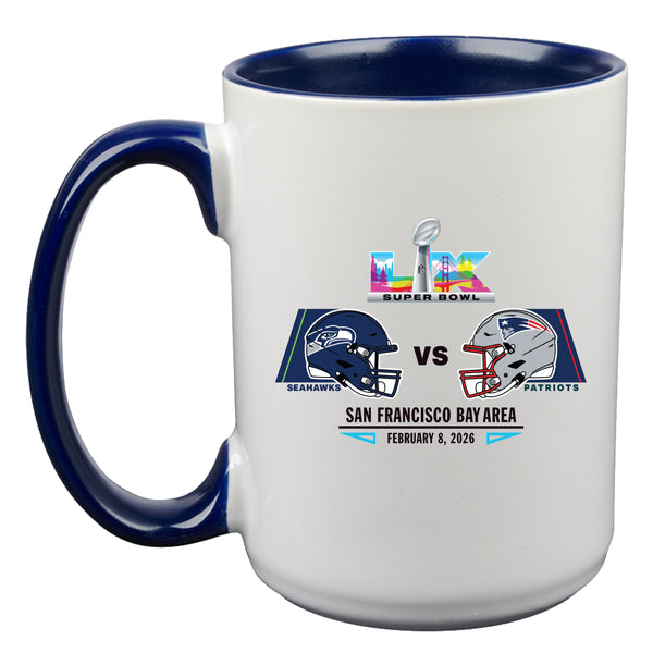 15oz White Mug with Navy Inner Color, Sublimation, Patriots vs. Seahawks, Super Bowl 60, Dueling, 2026 at only from The Memory Company