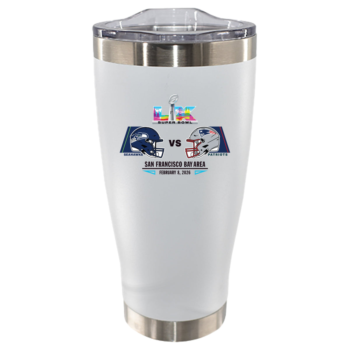 20oz White Stainless Steel Tumbler, Direct Print, Patriots vs. Seahawks, Super Bowl 60, Dueling, 2026