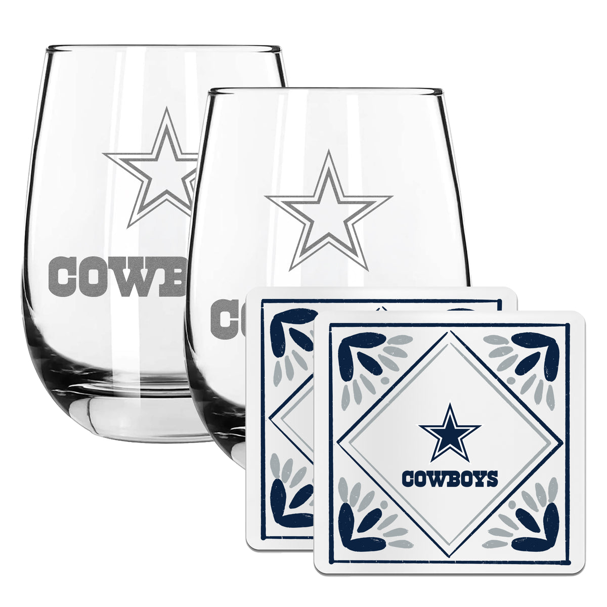 2 Pack Stemless Wine Glasses and Coasters Set | Dallas Cowboys