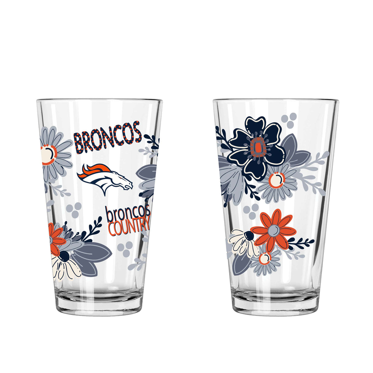 2pk 16oz Pint Glass, DP, Flowers | Denver Broncos
