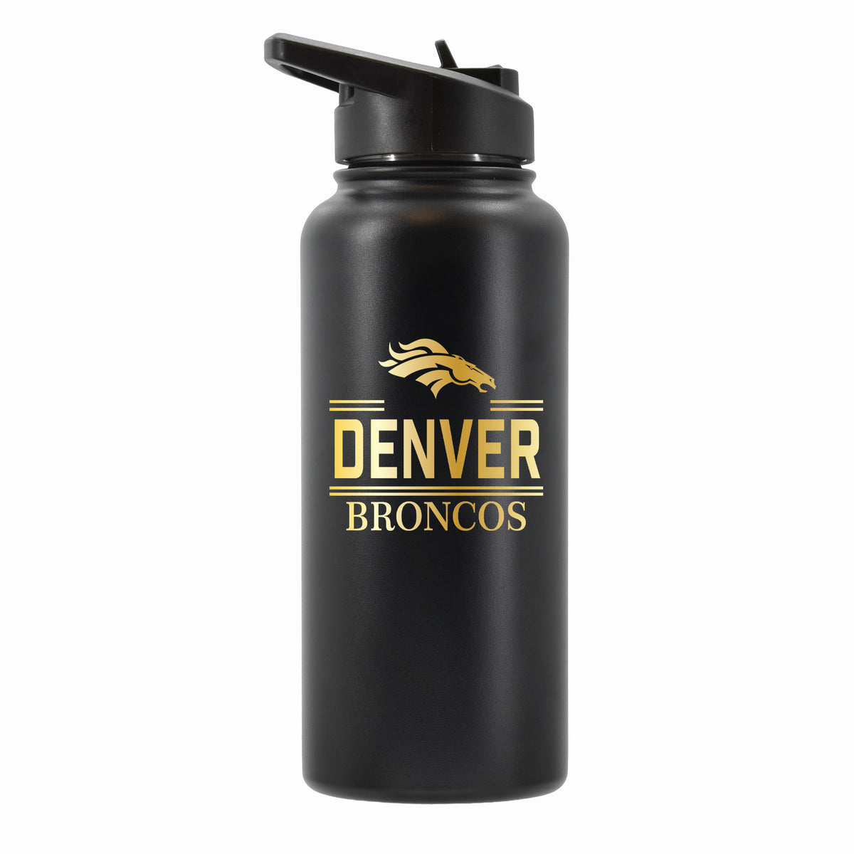 32 oz Stainless Steel Water Bottle with Gold Etched Classic Crew Team Design, Denver Broncos