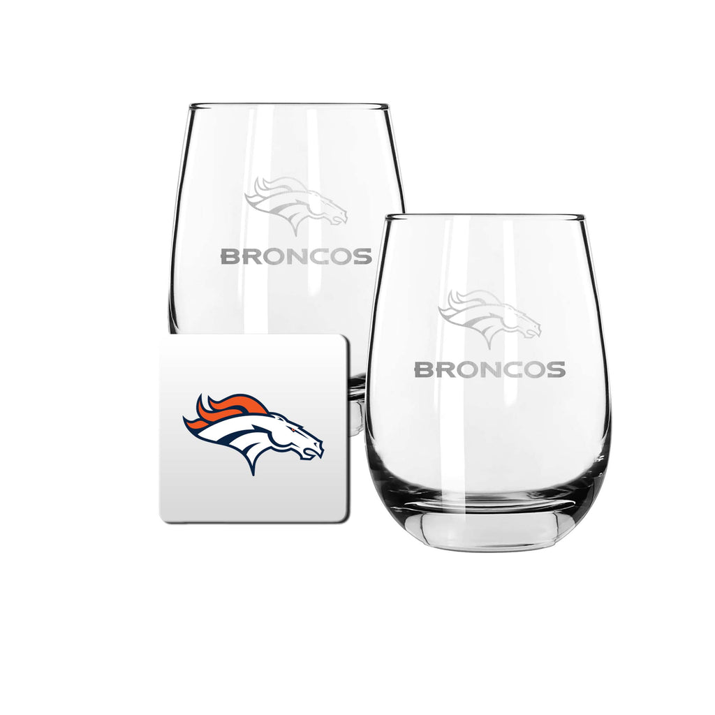 2 Pack Stemless Wine Glasses and Coasters Set | Denver Broncos