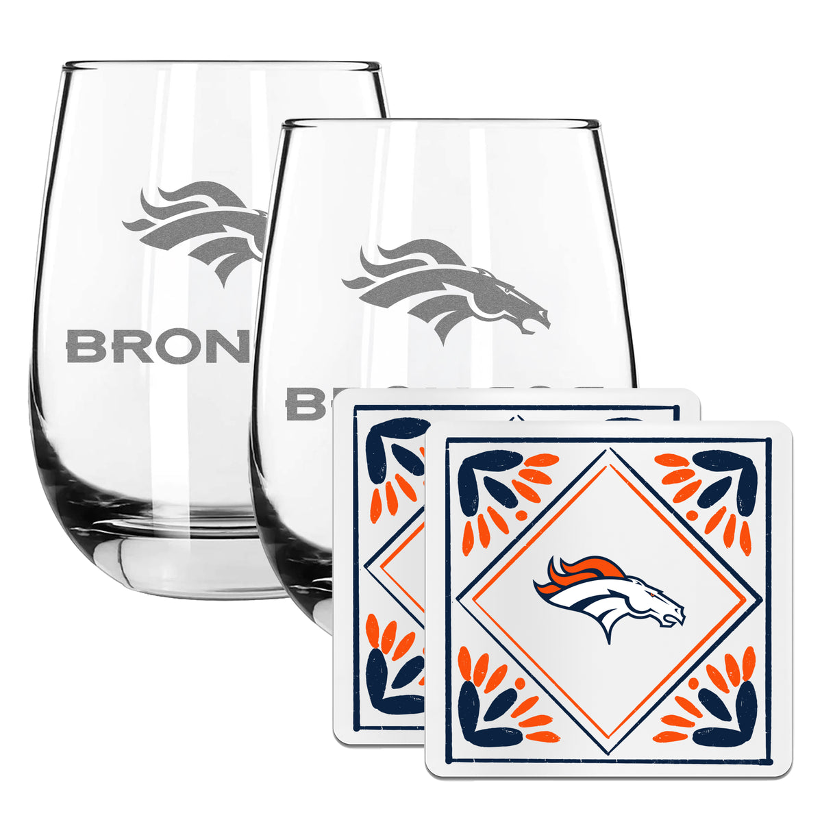 2 Pack Stemless Wine Glasses and Coasters Set | Denver Broncos