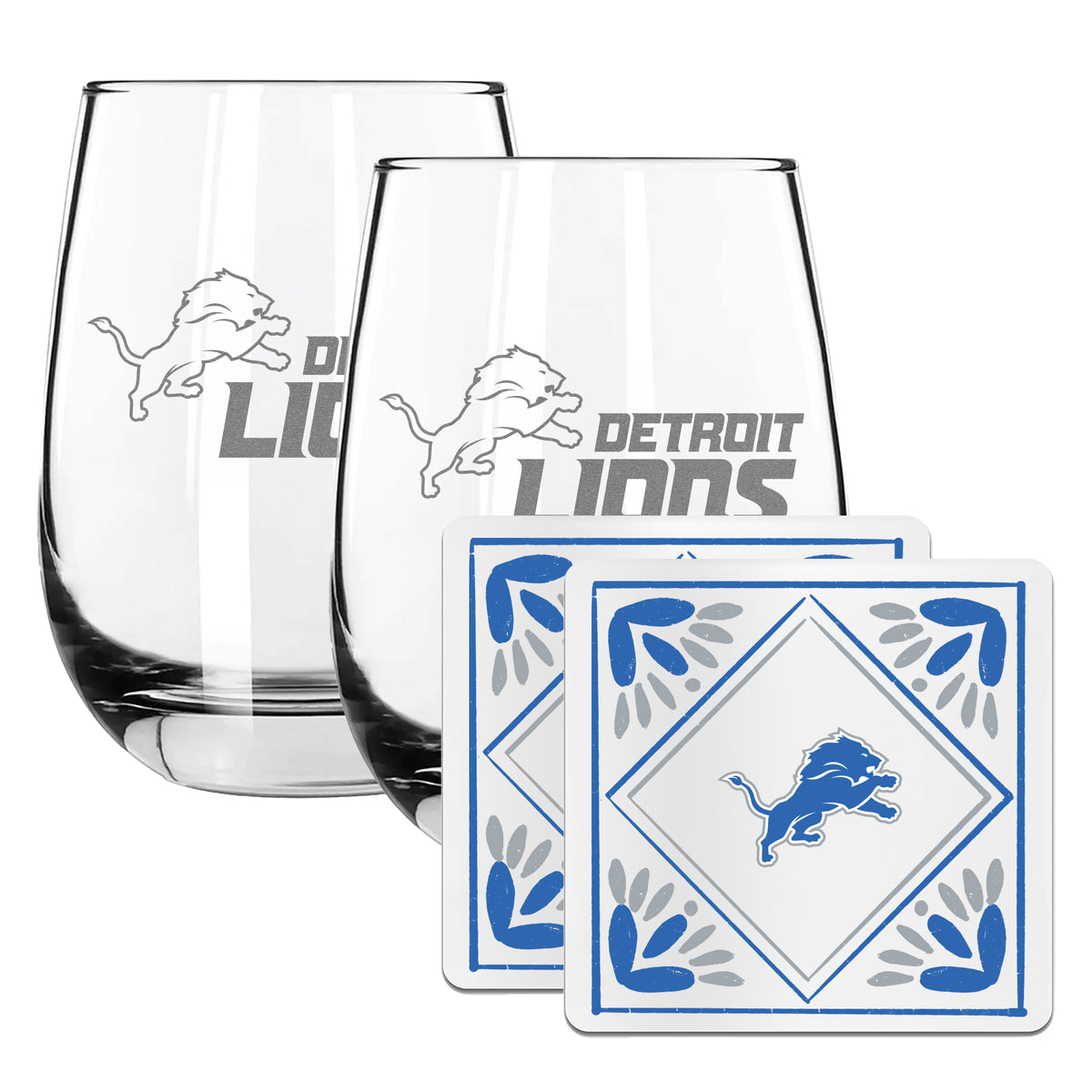 2 Pack Stemless Wine Glasses and Coasters Set | Detroit Lions