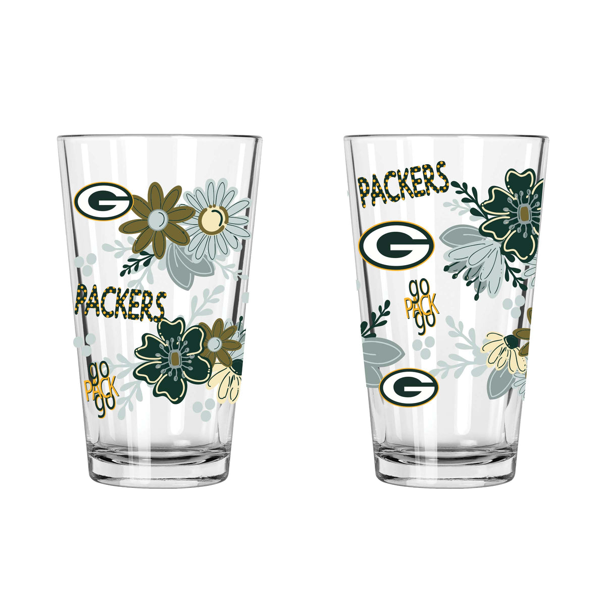 2pk 16oz Pint Glass, DP, Flowers | Green Bay Packers