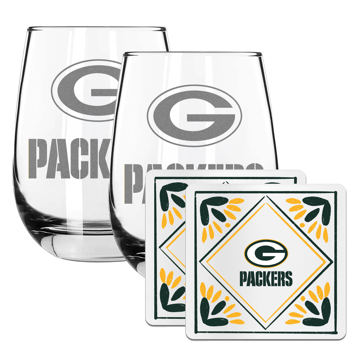 2 Pack Stemless Wine Glasses and Coasters Set | Green Bay Packers