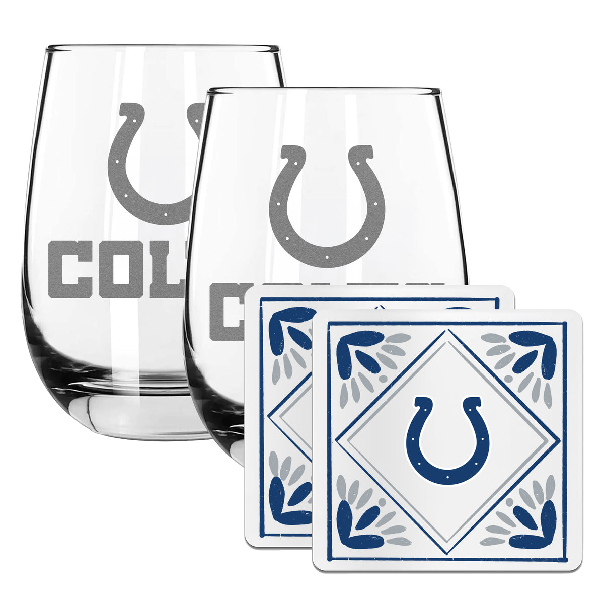 2 Pack Stemless Wine Glasses and Coasters Set | Indianapolis Colts