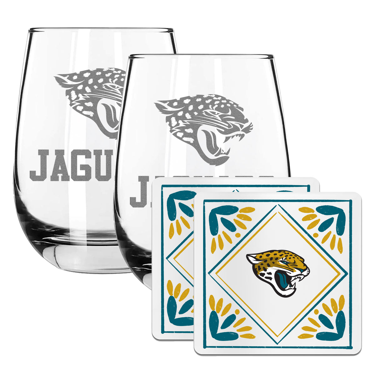 2 Pack Stemless Wine Glasses and Coasters Set | Jacksonville Jaguars