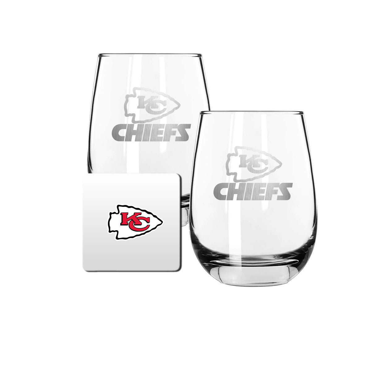2 Pack Stemless Wine Glasses and Coasters Set | Kansas City Chiefs
