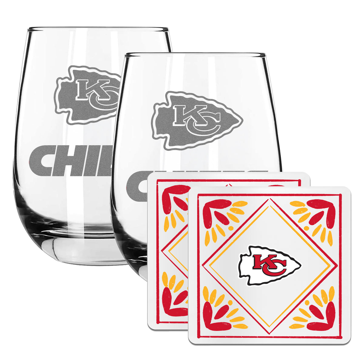 2 Pack Stemless Wine Glasses and Coasters Set | Kansas City Chiefs