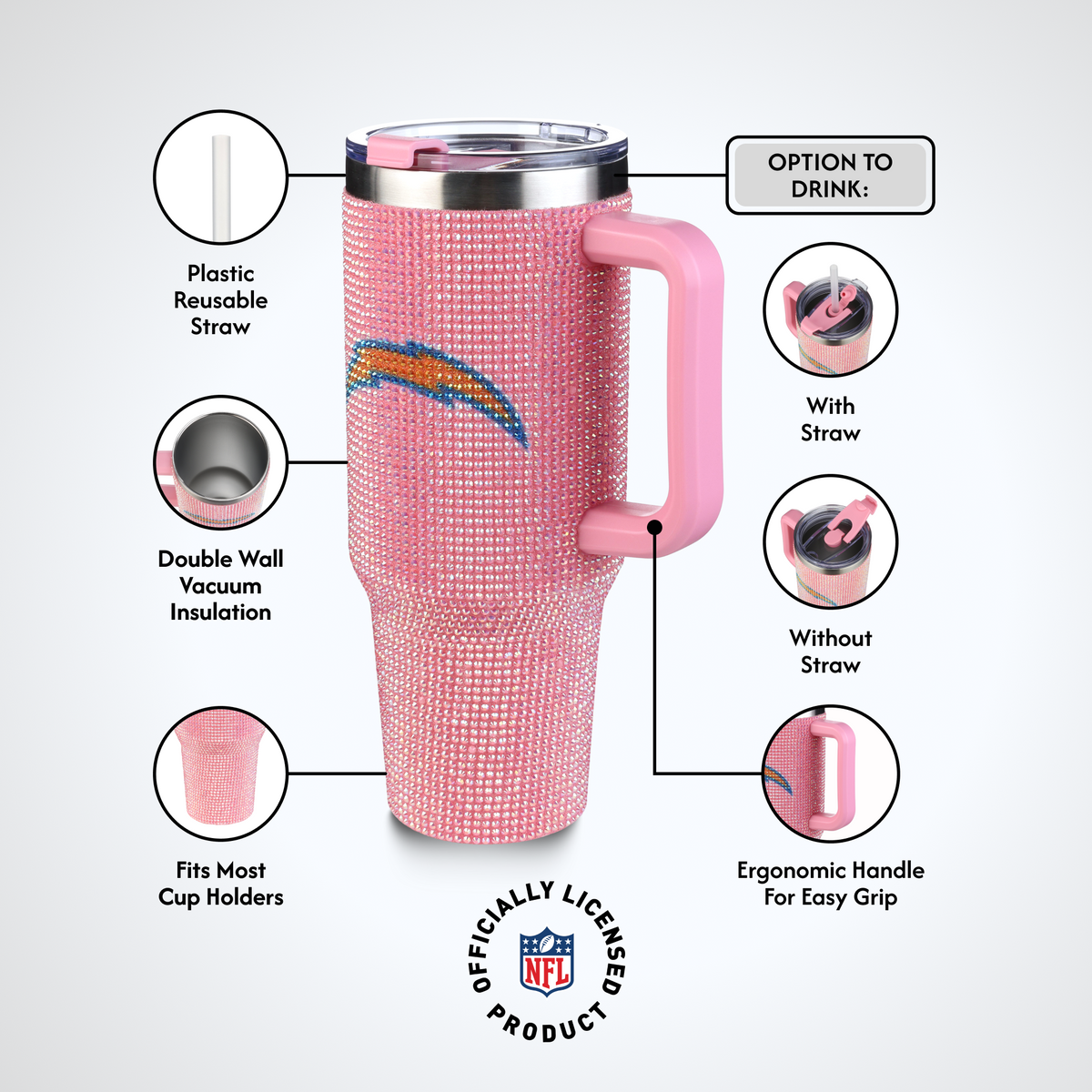 40oz Pink Bling Game Day Tumbler I | Los Angeles Chargers