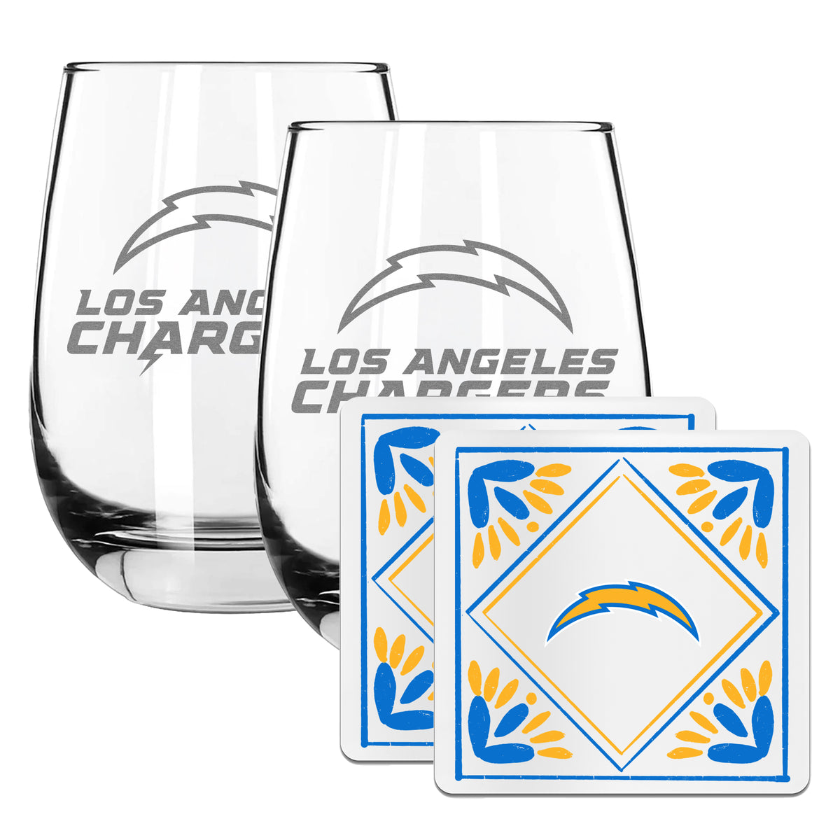 2 Pack Stemless Wine Glasses and Coasters Set | Los Angeles Chargers