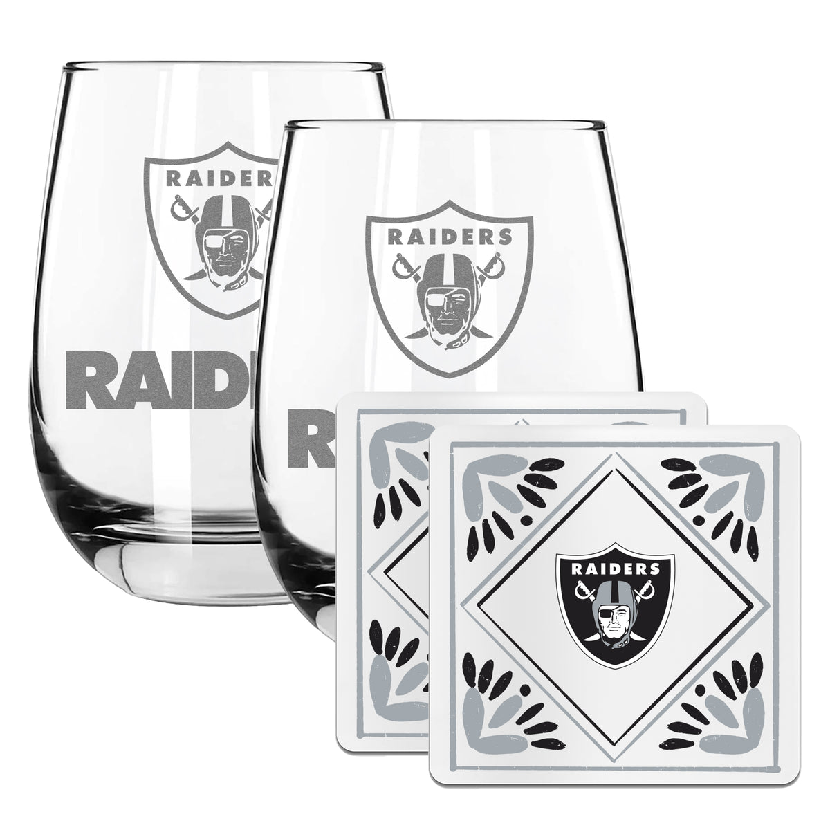 2 Pack Stemless Wine Glasses and Coasters Set | Las Vegas Raiders