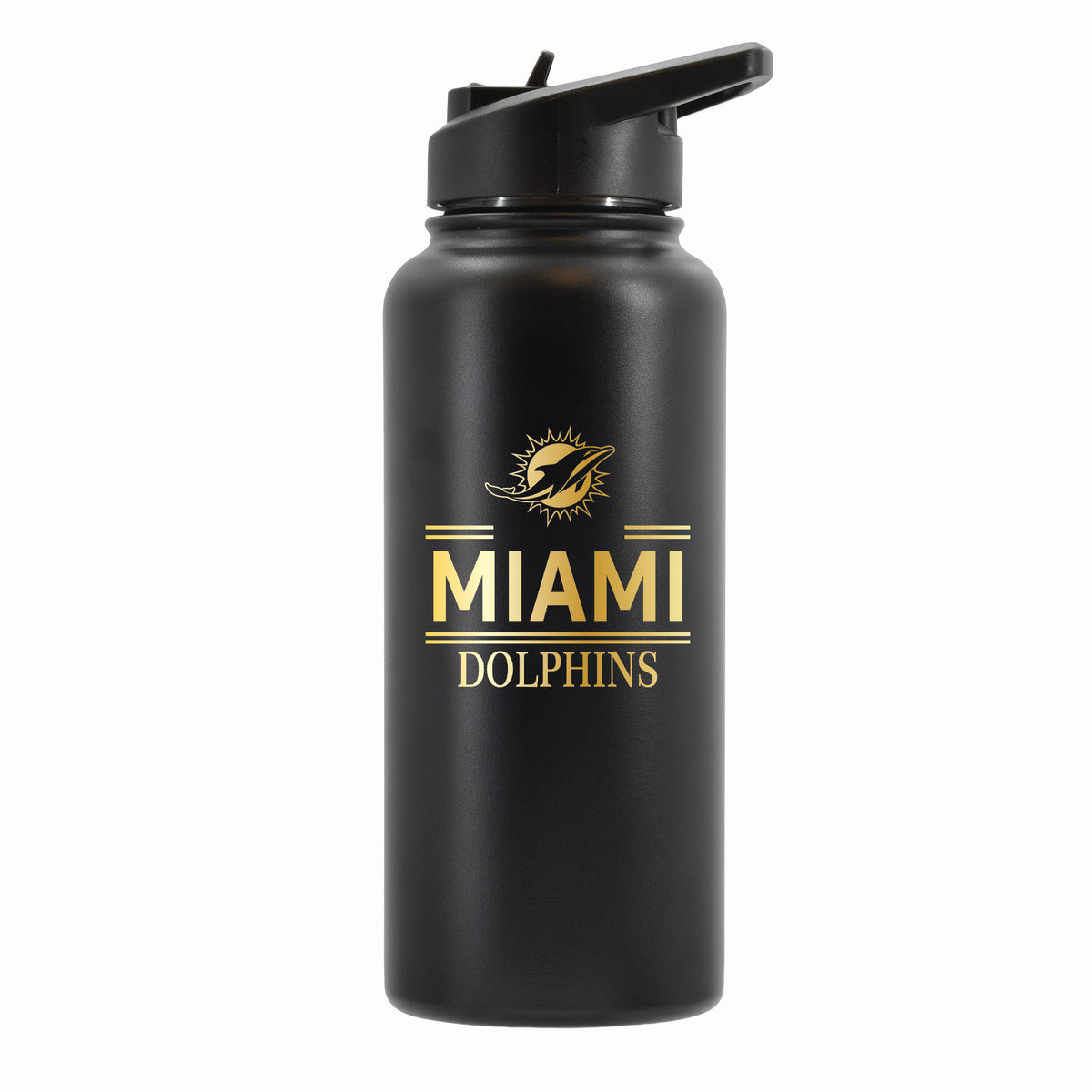 32 oz Stainless Steel Water Bottle with Gold Etched Classic Crew Team Design, Miami Dolphins