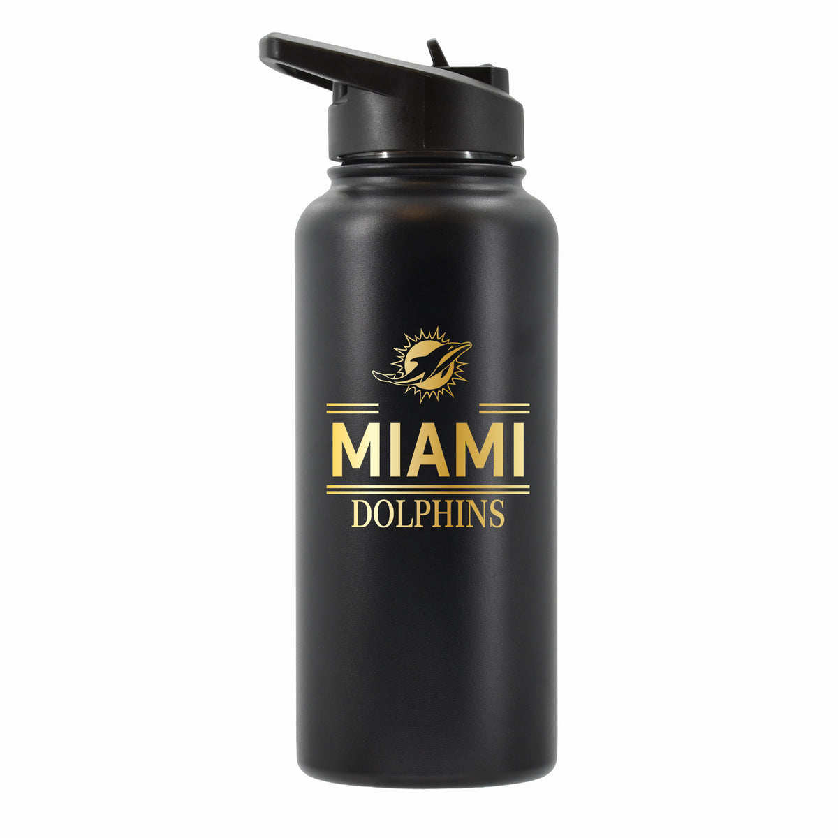 32 oz Stainless Steel Water Bottle with Gold Etched Classic Crew Team Design, Miami Dolphins