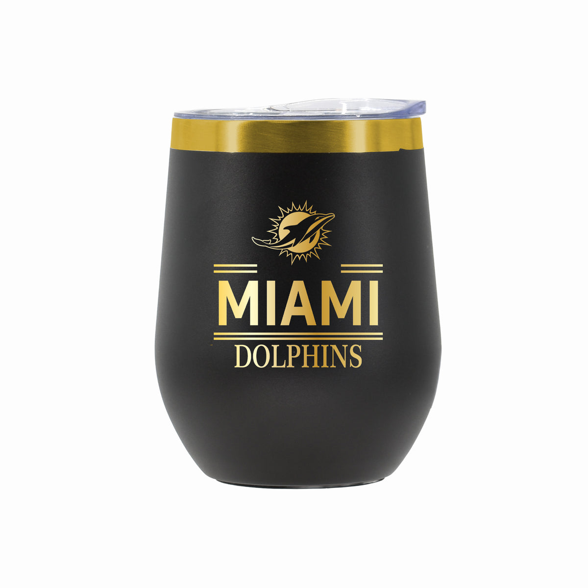 12 oz Stainless Steel Wine Tumbler with Gold Etched Classic Crew Team Design, Miami Dolphins