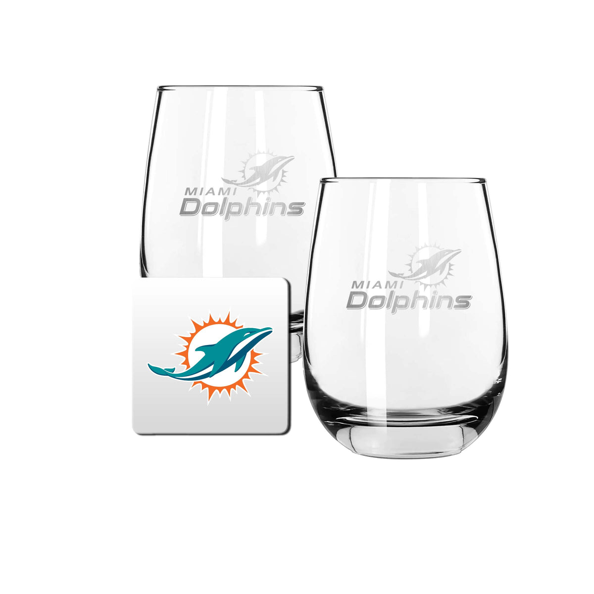 2 Pack Stemless Wine Glasses and Coasters Set | Miami Dolphins