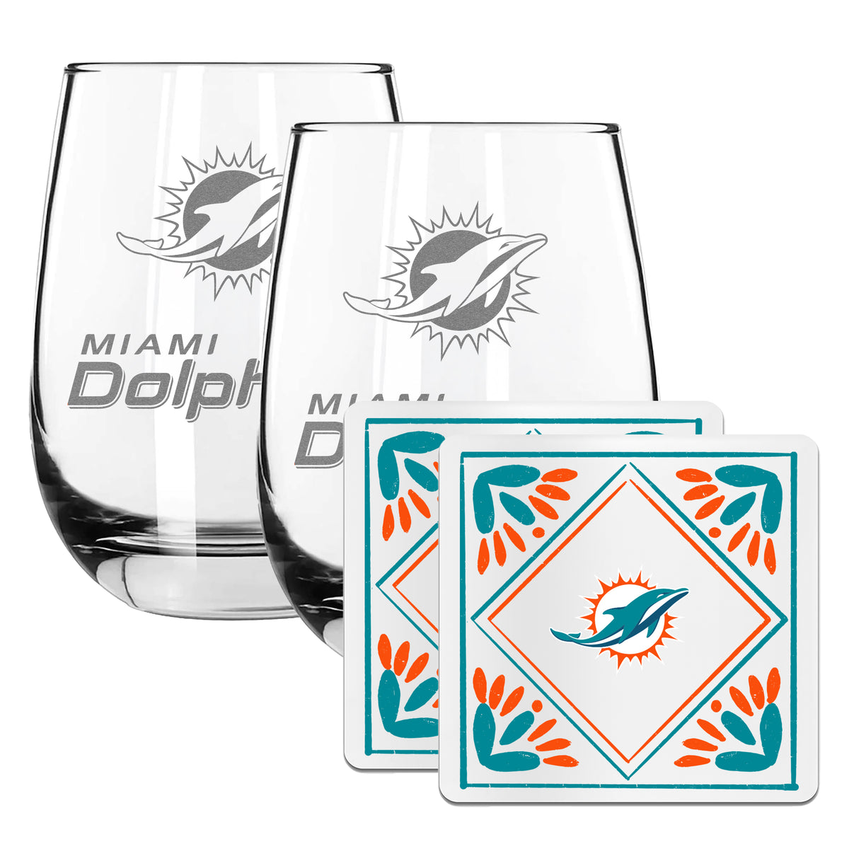 2 Pack Stemless Wine Glasses and Coasters Set | Miami Dolphins