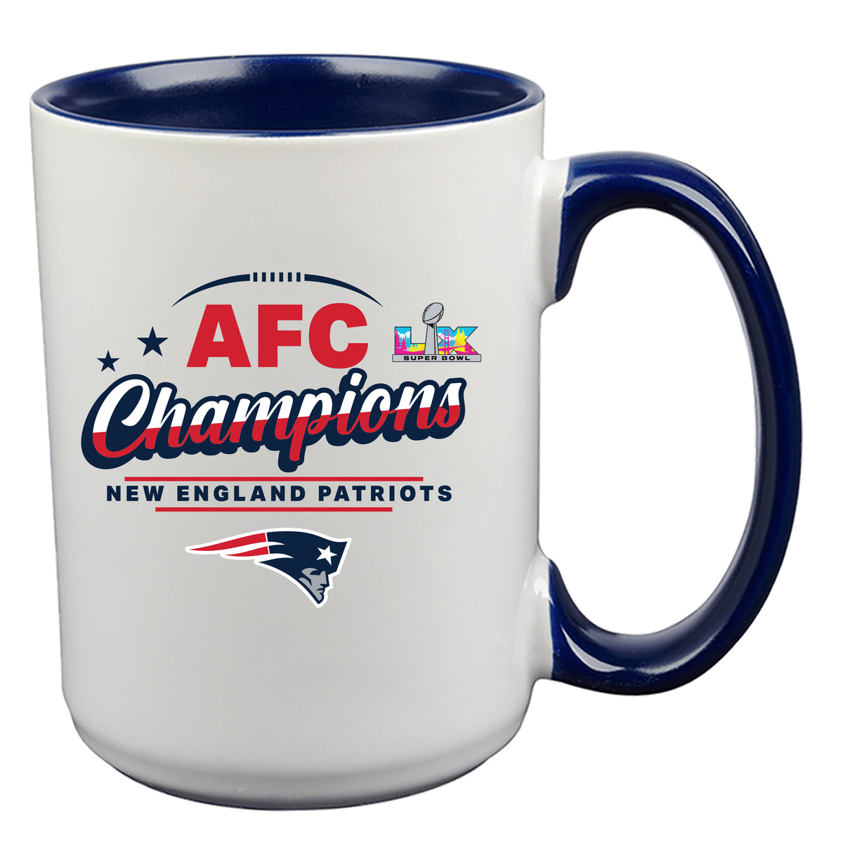 15oz White Mug with Navy Inner Color, Sublimation, AFC Champion 60, 2026 Design| New England Patriots