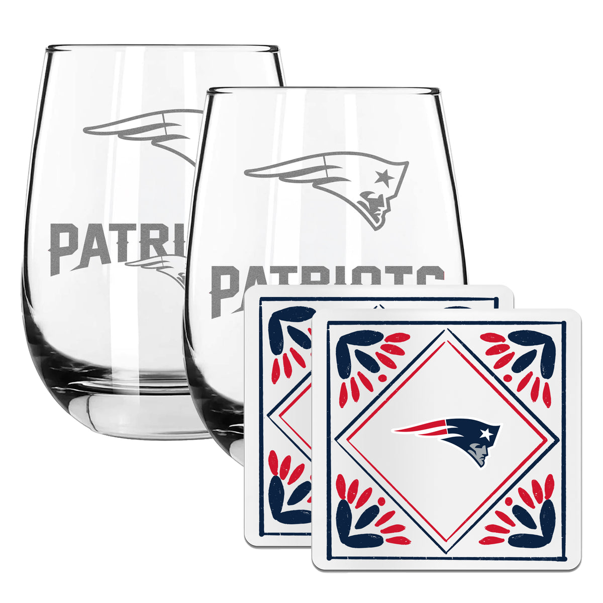 2 Pack Stemless Wine Glasses and Coasters Set | New England Patriots