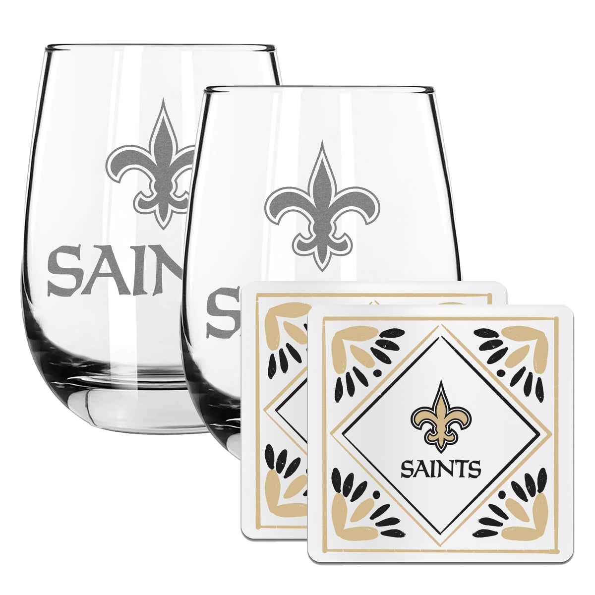 2 Pack Stemless Wine Glasses and Coasters Set | New Orleans Saints