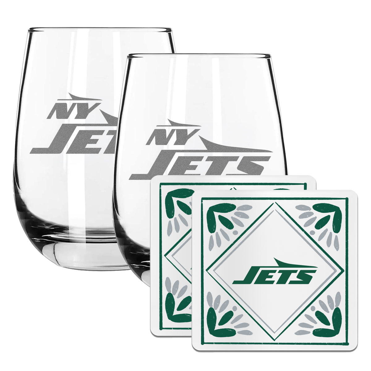 2 Pack Stemless Wine Glasses and Coasters Sets Set | New York Jets