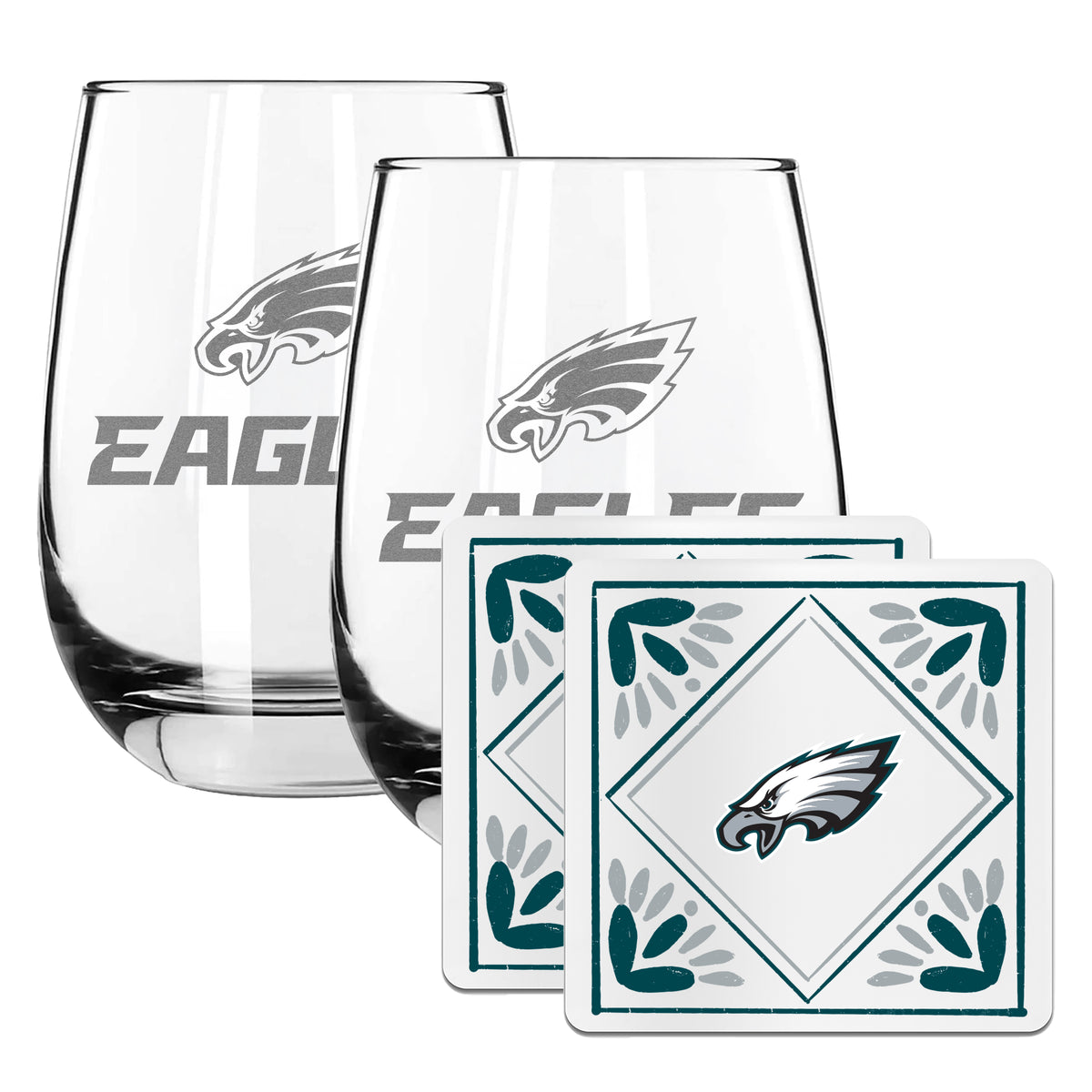 2 Pack Stemless Wine Glasses and Coasters Sets Set | Philadelphia Eagles