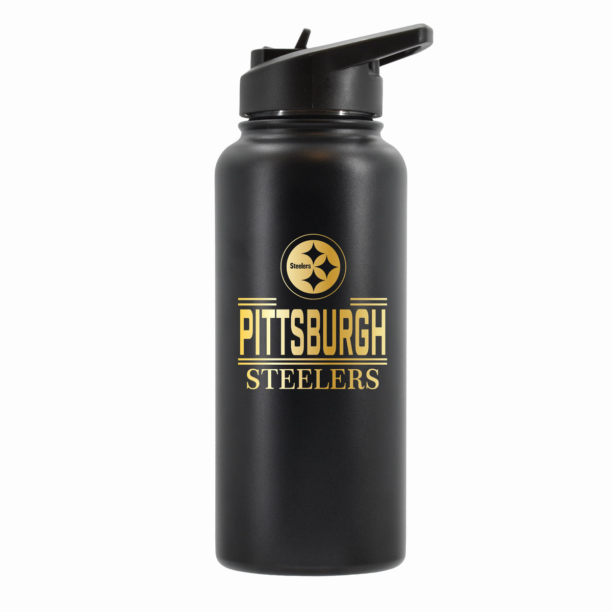 32 oz Stainless Steel Water Bottle with Gold Etched Classic Crew Team Design, Pittsburgh Steelers