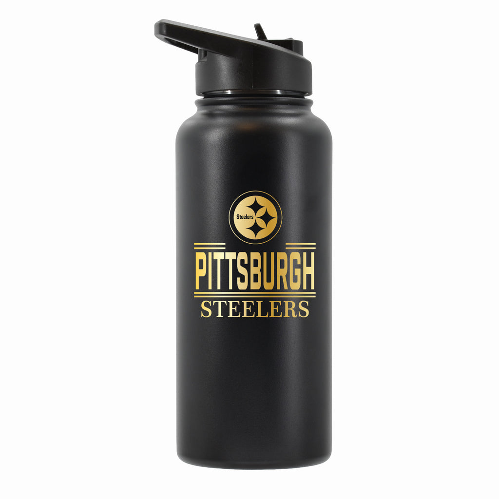 32 oz Stainless Steel Water Bottle with Gold Etched Classic Crew Team Design, Pittsburgh Steelers