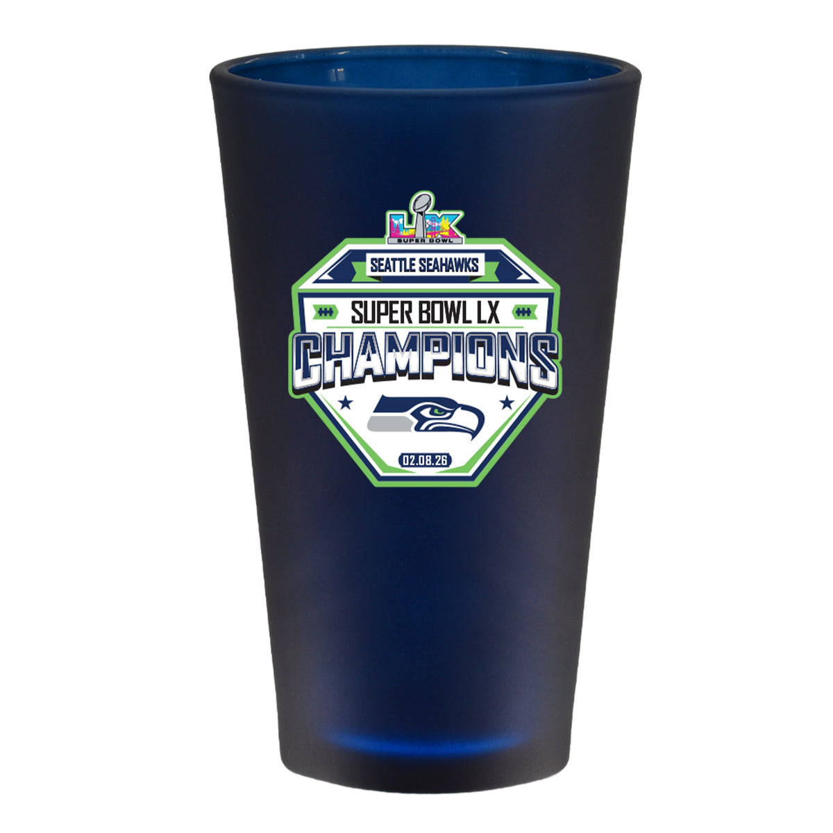 16oz Navy Frosted Pint Glass, Direct Print, Super Bowl 60, 2026, Seattle Seahawks